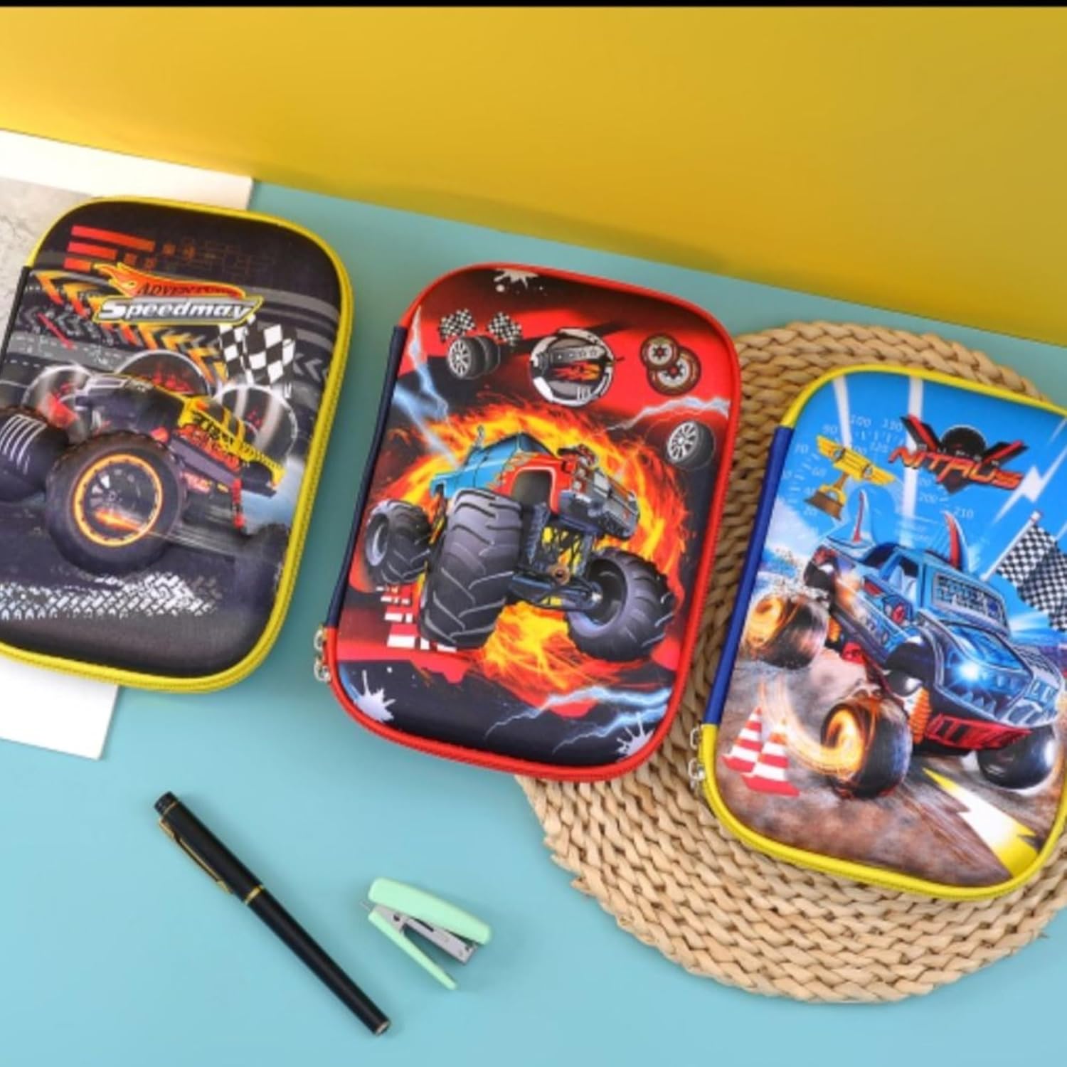 Store school supplies in style with this large, durable silicone pencil case for boys, showcasing an exciting monster truck and flame design. Perfect for young adventurers from uSmile.toys."